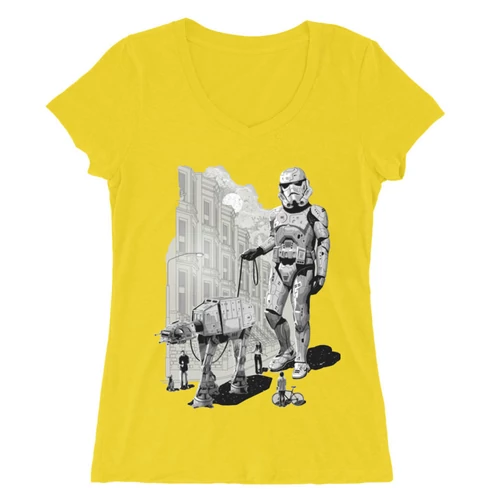 Sárga Star Wars női V-nyakú póló - Rohamosztagos és a lépegető