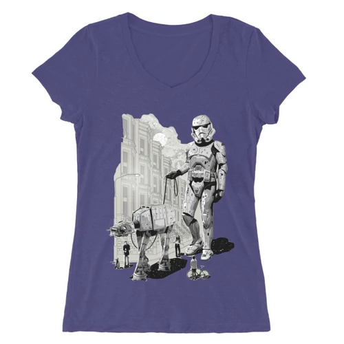 Sötétlila Star Wars női V-nyakú póló - Rohamosztagos és a lépegető