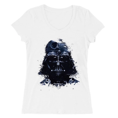 Fehér Star Wars női V-nyakú póló - Darth Vader és a Halálcsillag