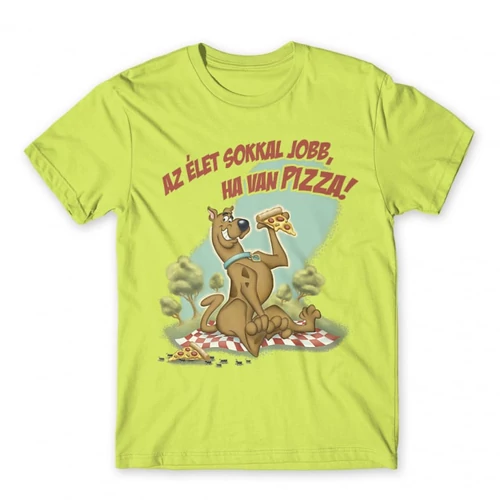 Almazöld Scooby-Doo férfi rövid ujjú póló - Az élet sokkal jobb ha van pizza - Scooby