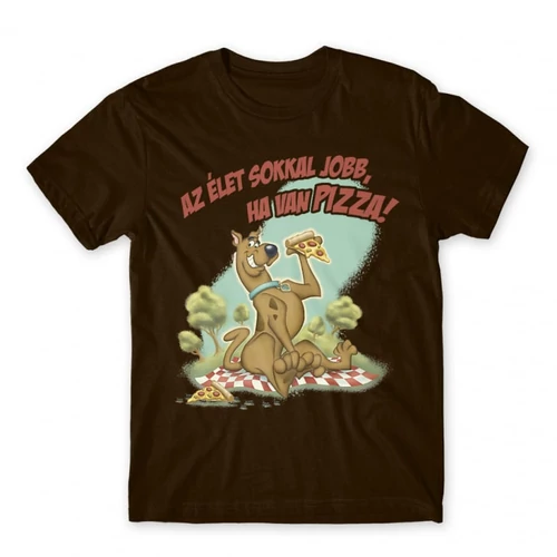 Barna Scooby-Doo férfi rövid ujjú póló - Az élet sokkal jobb ha van pizza - Scooby