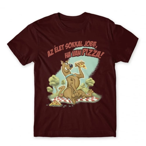 Bordó Scooby-Doo férfi rövid ujjú póló - Az élet sokkal jobb ha van pizza - Scooby
