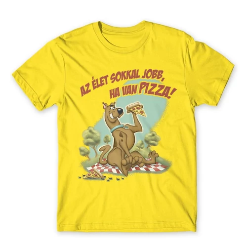 Citromsárga Scooby-Doo férfi rövid ujjú póló - Az élet sokkal jobb ha van pizza - Scooby