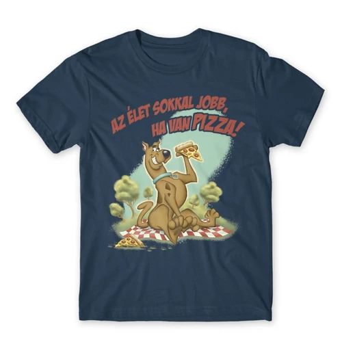 Denim Scooby-Doo férfi rövid ujjú póló - Az élet sokkal jobb ha van pizza - Scooby