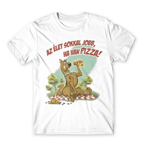 Fehér Scooby-Doo férfi rövid ujjú póló - Az élet sokkal jobb ha van pizza - Scooby
