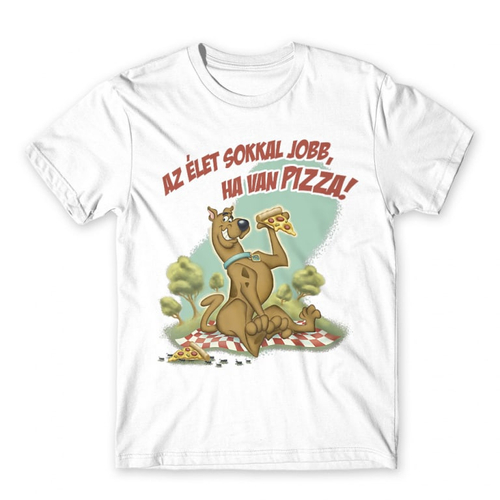 Fehér Scooby-Doo férfi rövid ujjú póló - Az élet sokkal jobb ha van pizza - Scooby