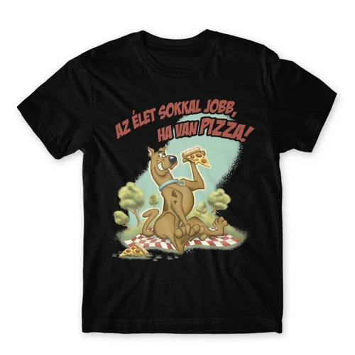 Fekete Scooby-Doo férfi rövid ujjú póló - Az élet sokkal jobb ha van pizza - Scooby