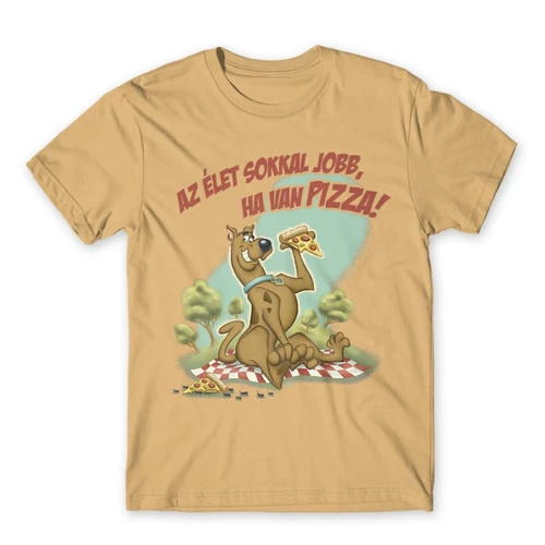 Homok Scooby-Doo férfi rövid ujjú póló - Az élet sokkal jobb ha van pizza - Scooby