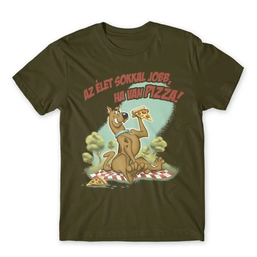 Khaki Scooby-Doo férfi rövid ujjú póló - Az élet sokkal jobb ha van pizza - Scooby