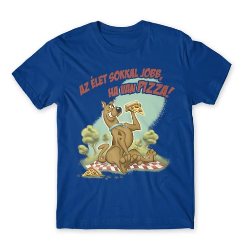Királykék Scooby-Doo férfi rövid ujjú póló - Az élet sokkal jobb ha van pizza - Scooby