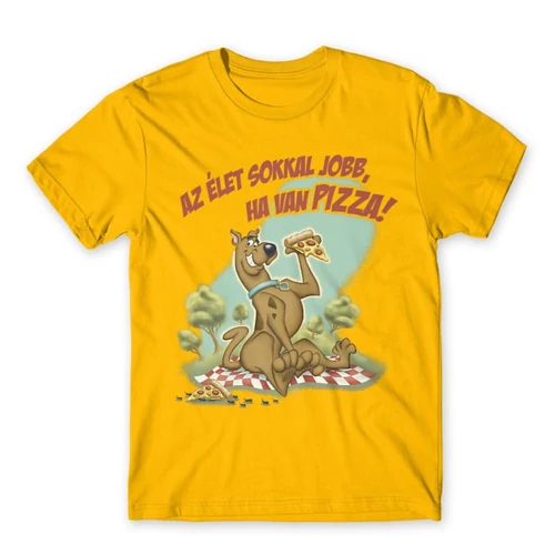 Sárga Scooby-Doo férfi rövid ujjú póló - Az élet sokkal jobb ha van pizza - Scooby