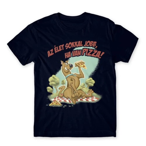 Sötétkék Scooby-Doo férfi rövid ujjú póló - Az élet sokkal jobb ha van pizza - Scooby