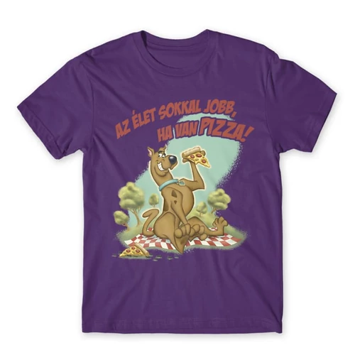 Sötétlila Scooby-Doo férfi rövid ujjú póló - Az élet sokkal jobb ha van pizza - Scooby