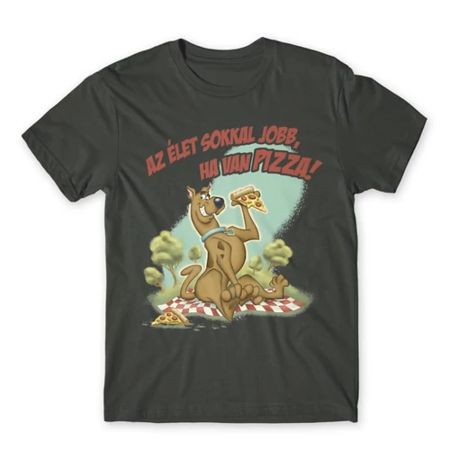 Sötétszürke Scooby-Doo férfi rövid ujjú póló - Az élet sokkal jobb ha van pizza - Scooby