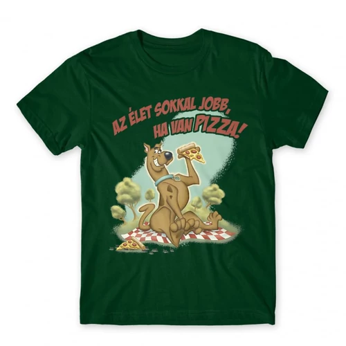 Sötétzöld Scooby-Doo férfi rövid ujjú póló - Az élet sokkal jobb ha van pizza - Scooby