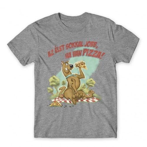 Sportszürke Scooby-Doo férfi rövid ujjú póló - Az élet sokkal jobb ha van pizza - Scooby