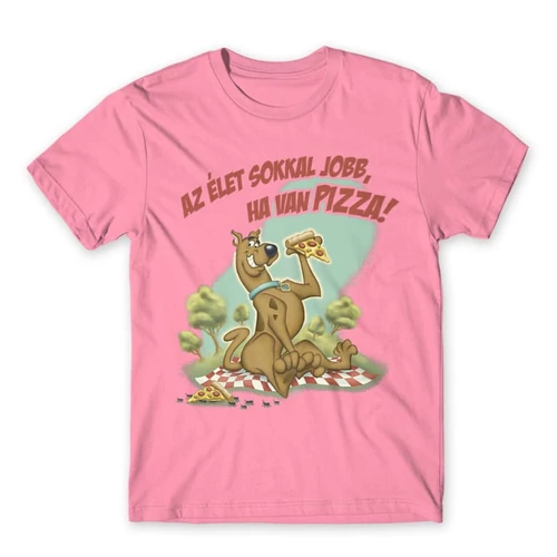 Világos rózsaszín Scooby-Doo férfi rövid ujjú póló - Az élet sokkal jobb ha van pizza - Scooby