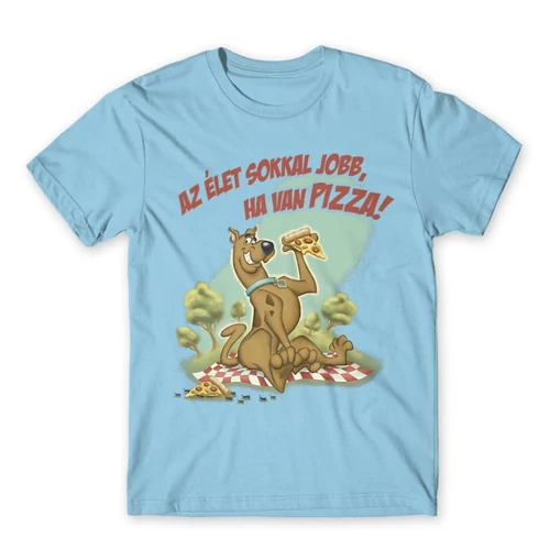 Világoskék Scooby-Doo férfi rövid ujjú póló - Az élet sokkal jobb ha van pizza - Scooby