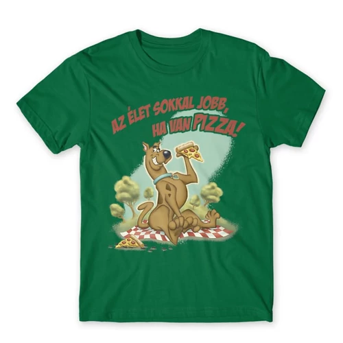 Zöld Scooby-Doo férfi rövid ujjú póló - Az élet sokkal jobb ha van pizza - Scooby