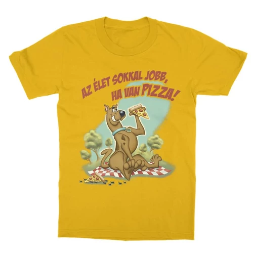 Sárga Scooby-Doo gyerek rövid ujjú póló - Az élet sokkal jobb ha van pizza - Scooby