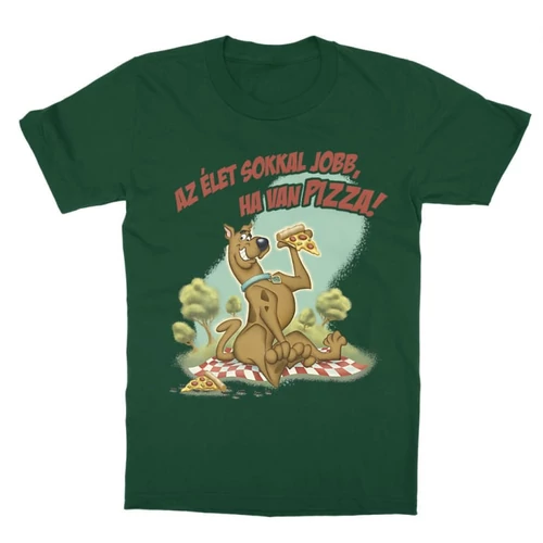 Sötétzöld Scooby-Doo gyerek rövid ujjú póló - Az élet sokkal jobb ha van pizza - Scooby