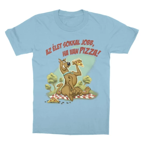 Világoskék Scooby-Doo gyerek rövid ujjú póló - Az élet sokkal jobb ha van pizza - Scooby