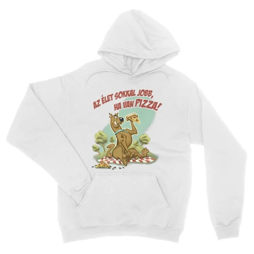 Fehér Scooby-Doo unisex kapucnis pulóver - Az élet sokkal jobb ha van pizza - Scooby