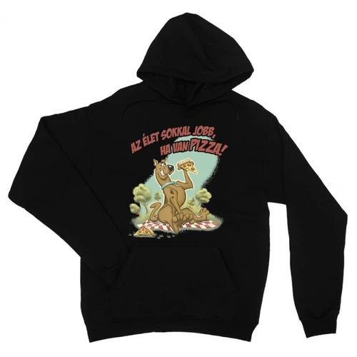 Fekete Scooby-Doo unisex kapucnis pulóver - Az élet sokkal jobb ha van pizza - Scooby