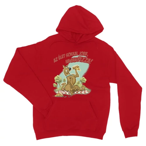 Piros Scooby-Doo unisex kapucnis pulóver - Az élet sokkal jobb ha van pizza - Scooby