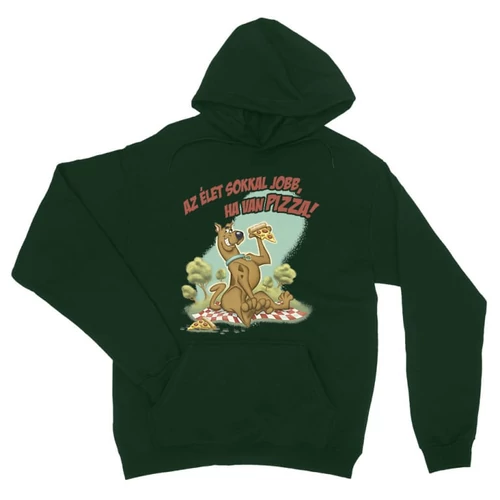 Sötétzöld Scooby-Doo unisex kapucnis pulóver - Az élet sokkal jobb ha van pizza - Scooby