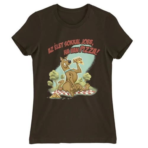 Barna Scooby-Doo női rövid ujjú póló - Az élet sokkal jobb ha van pizza - Scooby