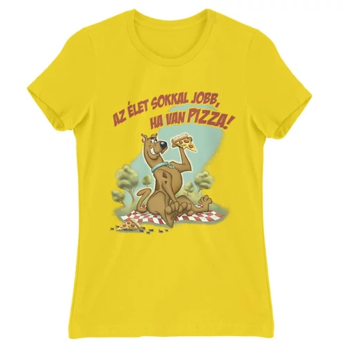 Citromsárga Scooby-Doo női rövid ujjú póló - Az élet sokkal jobb ha van pizza - Scooby