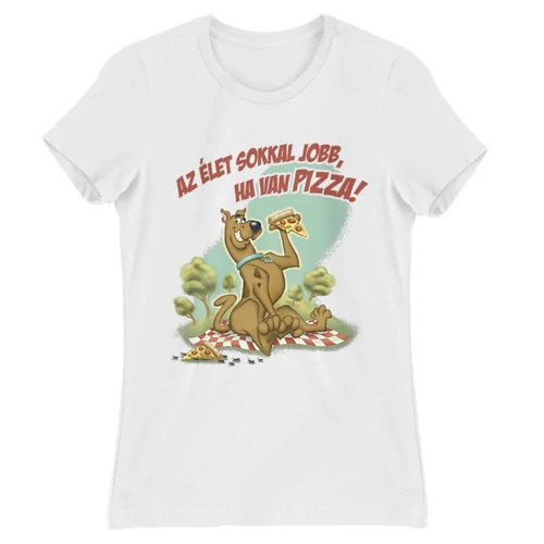 Fehér Scooby-Doo női rövid ujjú póló - Az élet sokkal jobb ha van pizza - Scooby