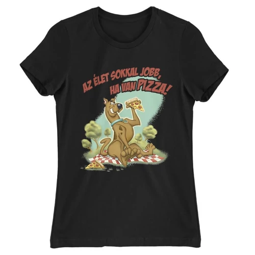 Fekete Scooby-Doo női rövid ujjú póló - Az élet sokkal jobb ha van pizza - Scooby