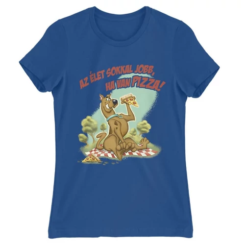 Királykék Scooby-Doo női rövid ujjú póló - Az élet sokkal jobb ha van pizza - Scooby