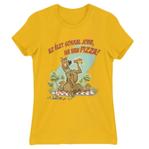 Sárga Scooby-Doo női rövid ujjú póló - Az élet sokkal jobb ha van pizza - Scooby
