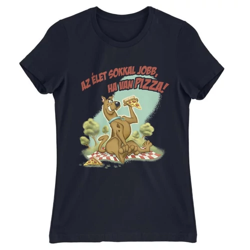 Sötétkék Scooby-Doo női rövid ujjú póló - Az élet sokkal jobb ha van pizza - Scooby