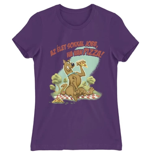 Sötétlila Scooby-Doo női rövid ujjú póló - Az élet sokkal jobb ha van pizza - Scooby