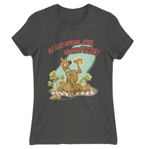 Sötétszürke Scooby-Doo női rövid ujjú póló - Az élet sokkal jobb ha van pizza - Scooby