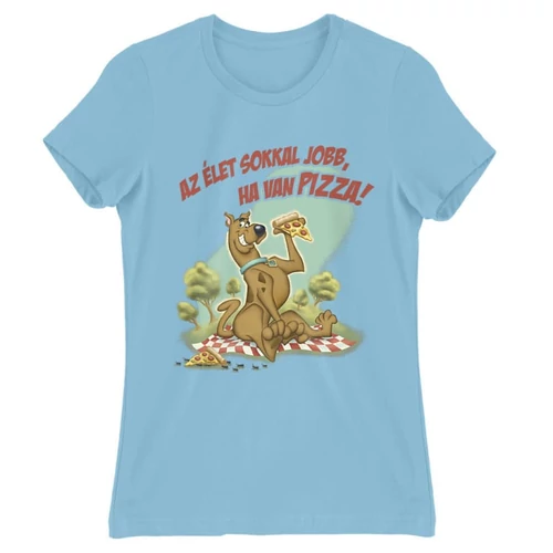 Világoskék Scooby-Doo női rövid ujjú póló - Az élet sokkal jobb ha van pizza - Scooby