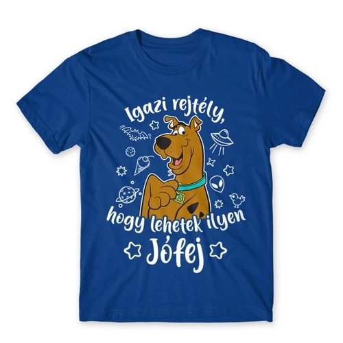 Királykék Scooby-Doo férfi rövid ujjú póló - Igazi rejtély, hogy lehetek ilyen jófej
