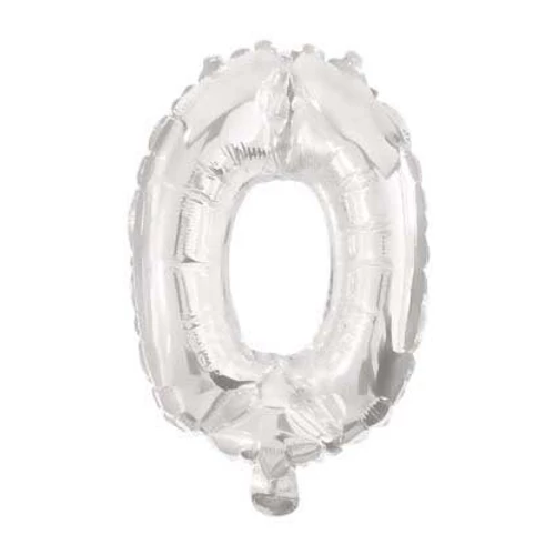 0-ás szám fólia lufi, 33 cm-es, silver ezüst színben
