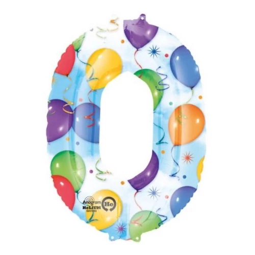 0-ás szám fólia lufi, 88 x 63 cm-es, léggömb mintás