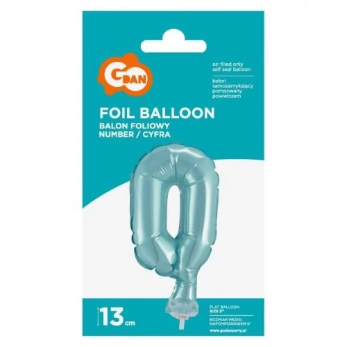0-ás szám fólia lufi tortára, 13 cm-es, light blue, világoskék színben