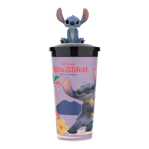 Lilo és Stitch - A csillagkutya pohár és Stitch topper, figura - Ülve - A képen a Lilo és Stitch mozifilm grafikájával díszített, a tetején egy 3D Stitch figura található