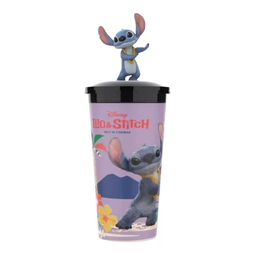 Lilo és Stitch - A csillagkutya pohár és Stitch topper, figura - Táncol - A képen a Lilo és Stitch mozifilm grafikájával díszített, a tetején egy 3D Stitch figura található