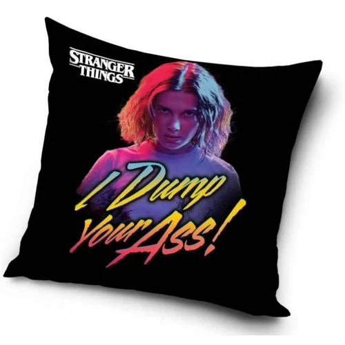 Stranger Things párna, díszpárna 40x40 cm - I Drump your ass! - A minta fekete alapon a sorozat egyik főszereplője látható, alatta I Drump your ass! felirat