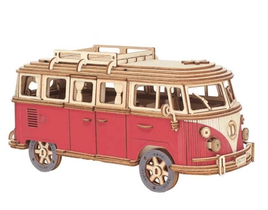 Volkswagen lakókocsi replika 3D fa modell puzzle piros